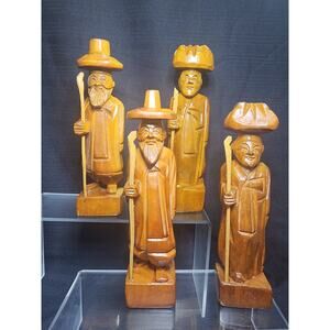 2 Sets of Hand Carved Korean Couples Holding Staffs
